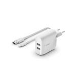 Belkin Dual USB-A Wall Charger w/ 1M PVC A-LTG, 24W, WHT