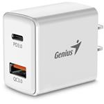 Genius PD-20AC, Napájecí adaptér, síťová nabíječka, 1× USB, 1× USB-C, 3A, Quick Charge 3.0, PD 3.0, 20W,100–240V, Bílá