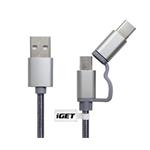 iGET G2V1 USB kabel 2v1, 1m, stříbrný, microUSB i USB-C, prodloužené koncovky