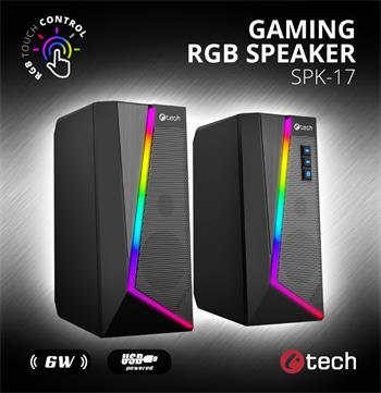 C-TECH reproduktory SPK-17, 2.0, 6W, RGB podsvícení, 3,5mm jack, USB napájení, černé (SPK-17)