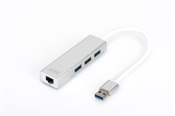 DIGITUS USB 3.0 HUB, 3 porty a Gigabit LAN adaptér 3xUSB A / F, 1xUSB A / M, 1xRJ45 LAN, Win / Mac OS (DA-70250-1)