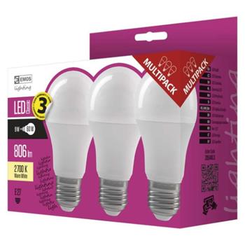 Emos LED žárovka Classic A60, 9W/60W E27, WW teplá bílá, 806 lm, Classic, F, 3 PACK (1525733202)