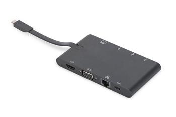 Digirus Univerzální cestovní dokovací stanice, USB 3.1 Type C, 4K, HDMI, VGA, 2x USB-C, 2x USB3.0, RJ45, MicroSD, SD / (DA-70865)