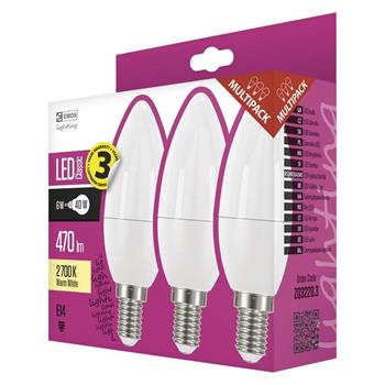 Emos LED žárovka CANDLE, 6W/40W E14, WW teplá bílá, 470 lm, Classic, F, 3 PACK (1525731207)