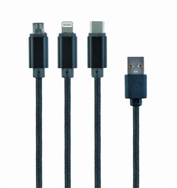 CABLEXPERT Kabel USB A Male/Micro B + Type-C + Lightning, 1m, opletený, černý, blister (KAB051MB3)