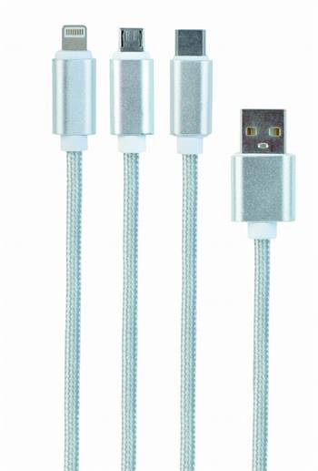 CABLEXPERT Kabel USB A Male/Micro B + Type-C + Lightning, 1m, opletený, stříbrný, blister (KAB051MB5)