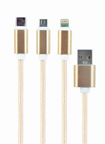 CABLEXPERT Kabel USB A Male/Micro B + Type-C + Lightning, 1m, opletený, zlatý, blister (KAB051MB4)