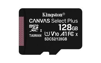 KINGSTON 128GB microSDHC CANVAS Plus Memory Card 100MB/85MBs- UHS-I class 10 Gen 3 - bez adaptéru (SDCS2/128GBSP)