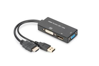 Digitus HDMI Kabelový převodník , HDMI - DP+DVI+VGA M-F/F/F, 0,2 m, Multi-Media 3v1, CE, bl, zlato (AK-330403-002-S)