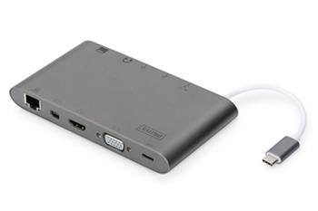 DIGITUS Univerzální dokovací stanice, USB-C, 11 portů, šedá 3x video, 1x USB-C, 3x USB3.0, RJ45, 2x čtečka karet (DA-70875)