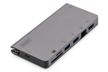 DIGITUS Cestovní dokovací stanice USB-C Multiport, 8 portů, šedá 2x video, 2x USB-C, 2x USB3.0, RJ45, 2xčtečka karet (DA-70877)