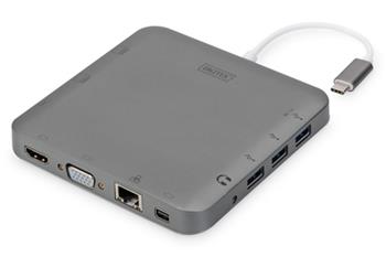 DIGITUS Univerzální dokovací stanice , USB-C, 11 portů, šedá 3x video, 1x USB-C, 3x USB3.0, RJ45, 2x čtečka karet (DA-70876)
