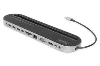 Digitus 12portová dokovací stanice USB-C, šedá, HDMI, VGA, 2x USB-C, 4x USB-A, RJ45, 1x 3,5 mm, SD / MicroSD (DA-70888)