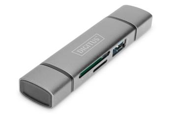 Digitus dvojitá čtečka karet OTG (USB-C + USB 3.0) 1x SD, 1x MicroSD, 1x USB 3.0, šedá (DA-70886)