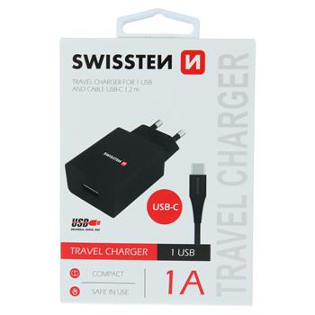 SWISSTEN SÍŤOVÝ ADAPTÉR SMART IC 1x USB 1A POWER + DATOVÝ KABEL USB / TYPE C 1,2 M ČERNÝ (22050600)