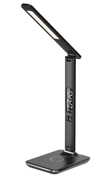 IMMAX LED stolní lampička Kingfisher/ Qi nabíjení/ 8,5W/ 400lm/ 12V/2,5A/ 3 barvy světla/ sklápěcí rameno/ černá (08965L)