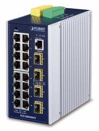 PLANET IGS-20040MT Switch, průmyslový, 16x RJ-45, 4x SFP, Web/SNMPv3, VLAN, IGMPv3, ESD, IPv4/IPv6, -40 až +75°C (IGS-20040MT)
