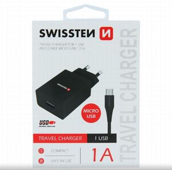 SWISSTEN SÍŤOVÝ ADAPTÉR SMART IC 1x USB 1A POWER + DATOVÝ KABEL USB / MICRO USB 1,2 M ČERNÝ (22062000)