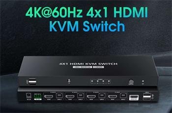 PremiumCord 4K@60Hz HDMI2.0 KVM switch 4:1 s dálkovým ovladačem (khswit41e)