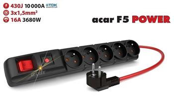 Acar F5 10m kabel, 5 zásuvek, přepěťová ochrana, max.proud 16A, černý (ppacarf5-10power)