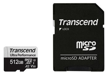 Transcend 512GB microSDXC 340S UHS-I U3 V30 A2 3D TLC (Class 10) paměťová karta (s adaptérem), 160MB/s R, 125MB/s W (TS512GUSD340S)