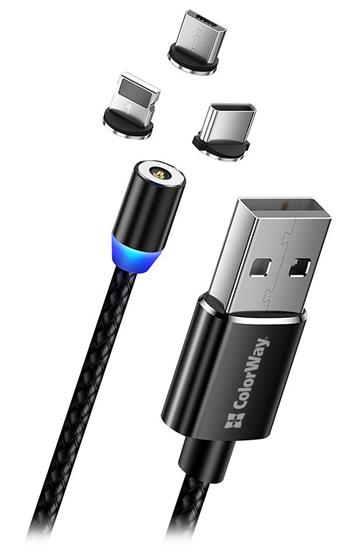 Colorway Nabíjecí Kabel 3v1 Lightning+MicroUSB+USB-C/ Magnetic/ 2.4A/ Nylon/ 1m (CW-CBUU020-BK)