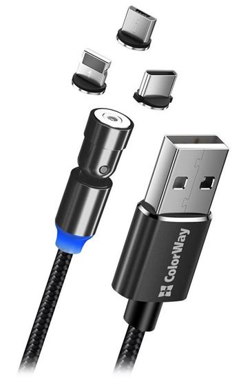 Colorway Nabíjecí Kabel 3v1 Lightning+MicroUSB+USB-C/ Magnetic/ 2.4A/ Nylon/ Magnetic Rotation 540°/ 1m (CW-CBUU037-BK)