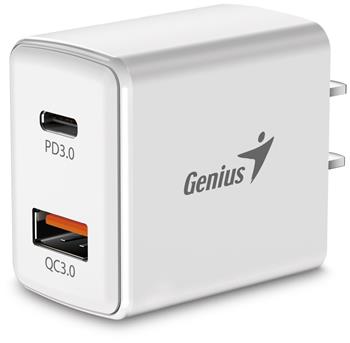 Genius PD-20AC, Napájecí adaptér, síťová nabíječka, 1× USB, 1× USB-C, 3A, Quick Charge 3.0, PD 3.0, 20W,100–240V, Bílá (32590005400)