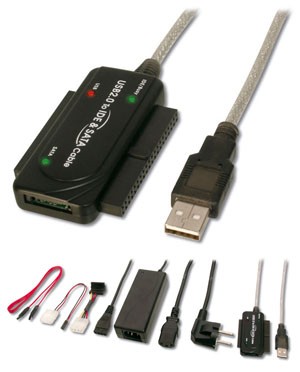 Kabel USB 2.0 to IDE + SATA adaptér, se zdrojem, pro 2,5" i 3,5" HDD i mechaniky (AUSI01)