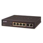 PLANET FSD-604HP Switch, 4x PoE 802.3at 60W+ 2x 100Base-TX, VLAN, extend mód 10Mb/s do 250m, fanless, ESD