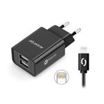 USB nabíječka 240V, 2x USB, 2,4 A, kabel Lightning 2A, černá